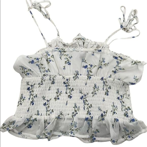 Forever 21 top scrunch tank floral white with blue flowers size small H237 - Picture 2 of 6